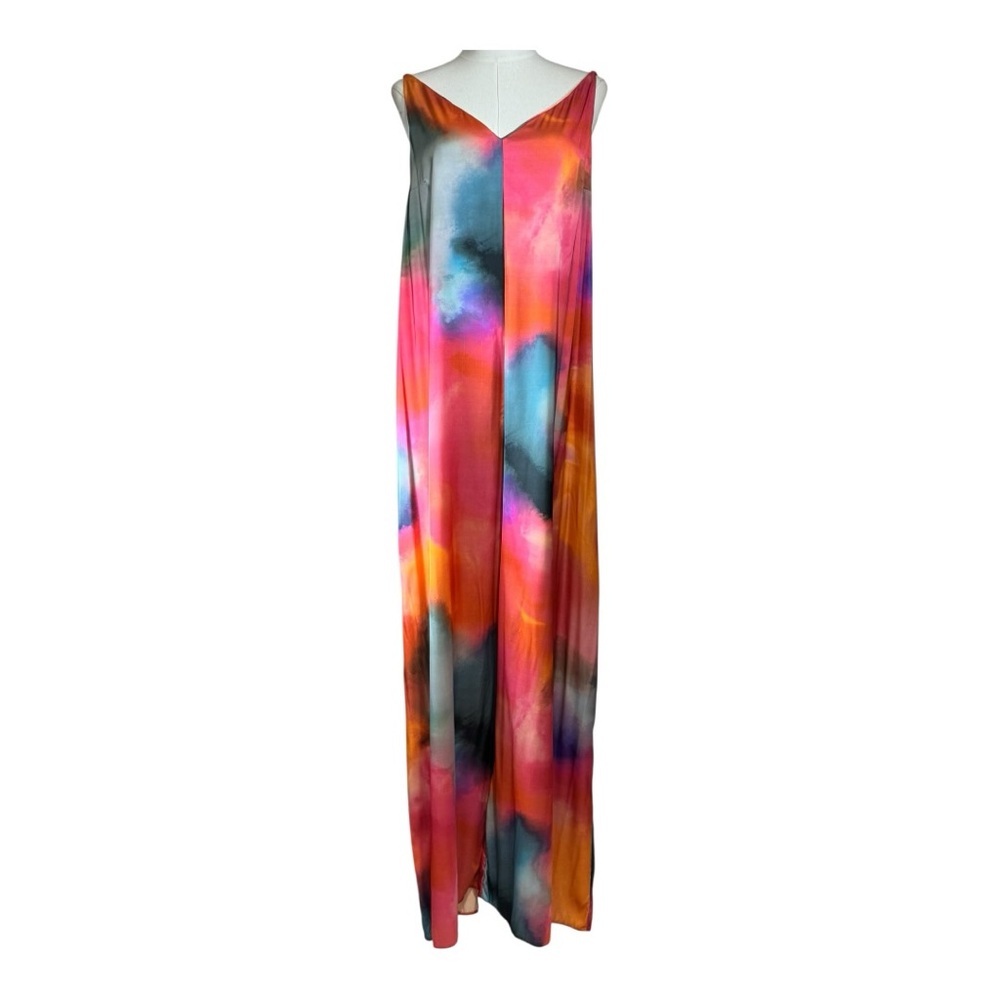 DASKA Multi-Color Abstract Satin Wide Leg Jumpsuit Size L